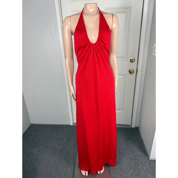Vintage 70s Carol Anderson Dress 9/10 Maxi Halter Polyester Knit Party F4-7 - Picture 1 of 6